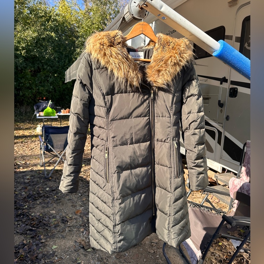 Cole Haan Down Puffer Coat Size‎ L Green Long Hood Lined Jacket Normcore Outdoor - Picture 5 of 15